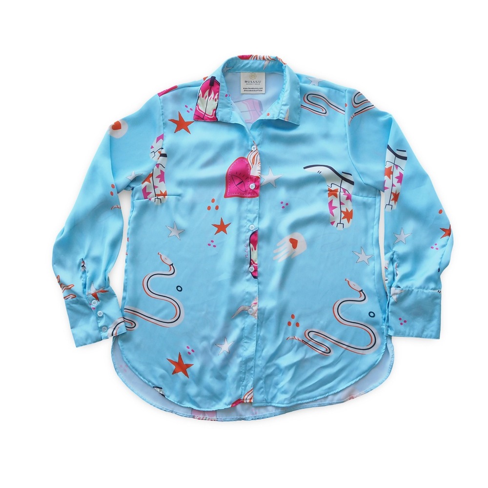 Bululu Western Novelty‎ Print Satin Blouse Women M Blue Cowboy Boot Button Up